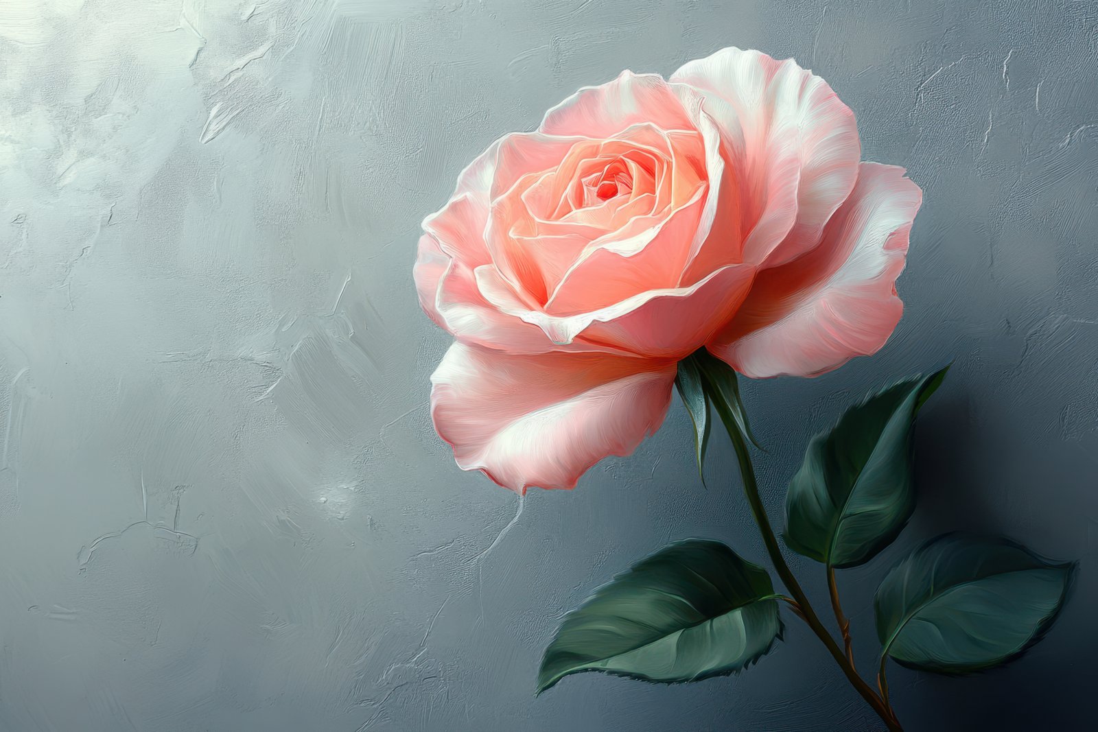 A delicate, pink rose blooms against a gray background